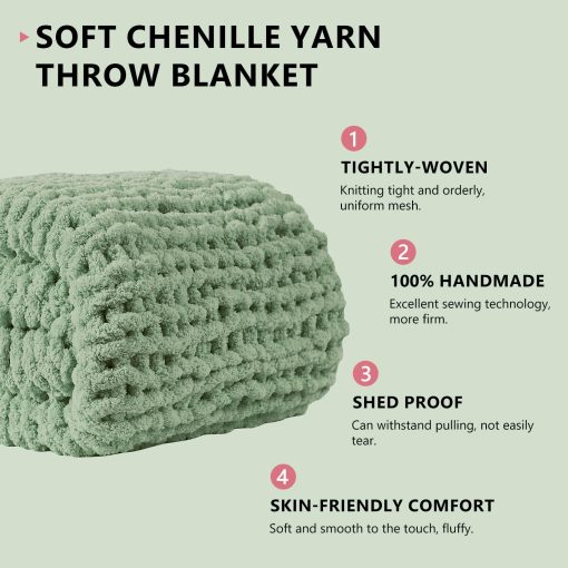 Manta de Punto Grueso L'AGRATY: 80''x90'' Manta de Punto Grueso de Chenille para Cama Sofa - Manta de Punto Grueso Hecha a Mano - Gran Manta de Ganchillo Gruesa para Decoracion del Hogar (Verde Salvia) - Imagen 2