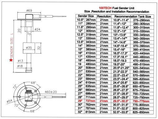 100TECH Sensor de Nivel de Combustible 29" (737mm) para Tanque de Agua para Vehiculo RV Sensor de Nivel de Combustible Sensor de Nivel de Combustible 240-33 ohmios - Imagen 5