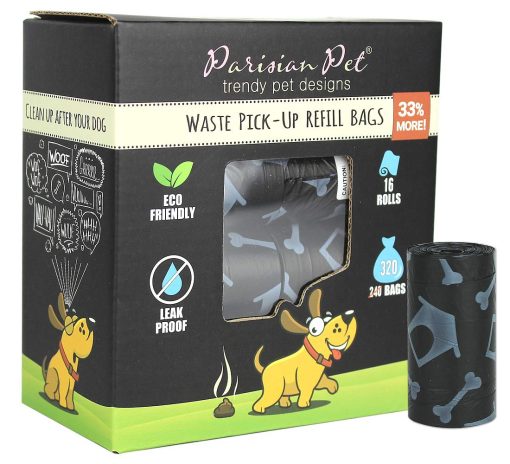 Rollos de Bolsas de Desechos Ecologicas para Perros Parisian Pet - 320 Unidades de Bolsas para Perros sin Aroma - A Prueba de Fugas, Extra Gruesas, 16 Rollos de Recambio de Bolsas de Excremento para Perros con Casa de Perro Impresa en Negro
