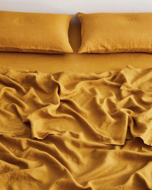 Sabana Ajustable de Lino Bed Threads - 100% Lino Frances - 170 GSM - Lujo y Ecologico - Transpirable, Duradero y Suave - Solo Sabana Ajustable Individual - Lavable a Maquina - Tamaño Reina - Curcuma - Imagen 4