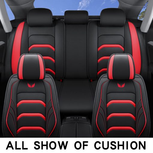 Juego de cubiertas de asiento para automovil JielinKar de 5 asientos, tipo universal, apto para la mayoria de los autos, SUVs, camionetas con airbags, compatible con cojin de asiento de automovil de cuero sintetico (Negro-Rojo) - Imagen 4