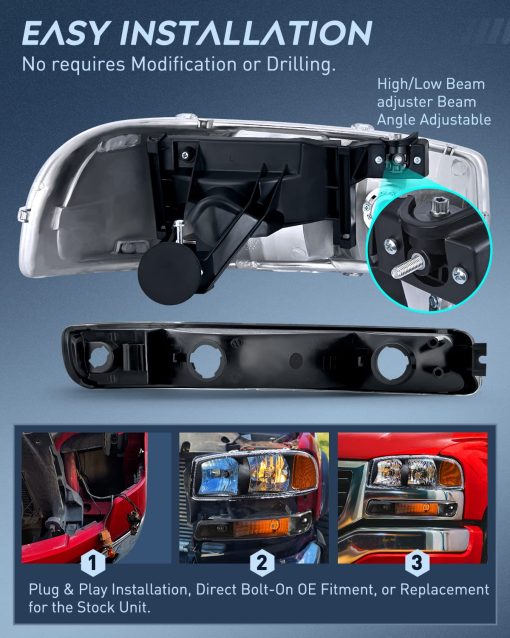 Ensamblaje de faros Nilight compatible con 1999 2000 2001 2002 2003 2004 2005 2006 GMC Sierra Yukon, Carcasa Negra Borde Claro Lente Claro, Reemplazo de conjunto de faros - Imagen 3