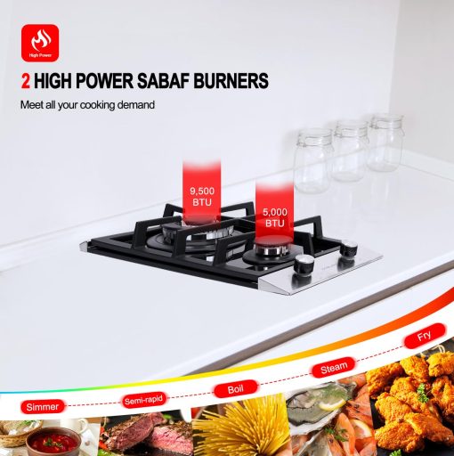 Cocina de Gas de 2 Quemadores, GASLAND Chef GH30BF 12 Pulgadas Cocina de Gas, Convertible a Gas Natural, Cocina de Propano, Cocina de Gas de Doble Quemador con Proteccion de Termopar, Vidrio Templado Negro - Imagen 3