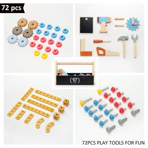 Banco de trabajo de madera para ninos PairPear, Banco de herramientas para ninos pequenos, Banco de trabajo de juguete de madera con caja de herramientas, taladros de juguete y martillo para jugar a la construccion, Regalo para ninos y ninas de 3 anos en adelante - Imagen 2