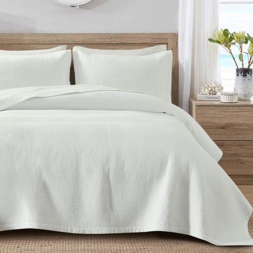 Juego de colchas FineStichery Queen Size, 100% algodon blanco solido colcha, edredon acolchado juego de cama, ropa de cama ligera suave con fundas de almohada para todas las temporadas, 3pcs - Imagen 2