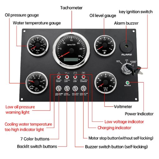Conjunto de Medidores de 5 Gauges para Panel de Instrumentos 12V 7 Colores Nivel de Aceite Temperatura del Agua Presion de Aceite Voltaje Monitor para Barco Marino - Imagen 3