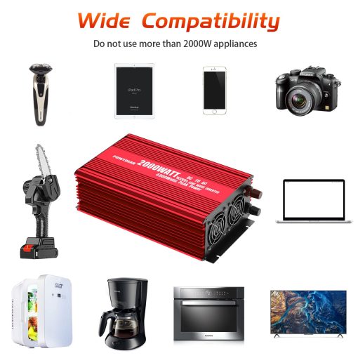 POWTDEAR Power Inverter 2000 Watt, Convertidor de Energia 2000W DC 12V a 110V AC Inversor de Coche con Puertos USB de 2.4A y 3 Tomas de Corriente Alterna Rojo - Imagen 2
