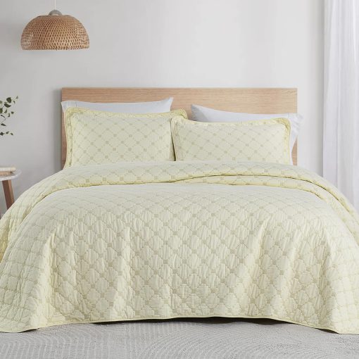 Juego de Colcha King Size Finlonte - Juego de Edredon King de Algodon 100%, Colcha King Size, Edredon Suave Ligero Acolchado, Juego de Ropa de Cama King con Bordado de Diamante en Solido Crema, 98x106