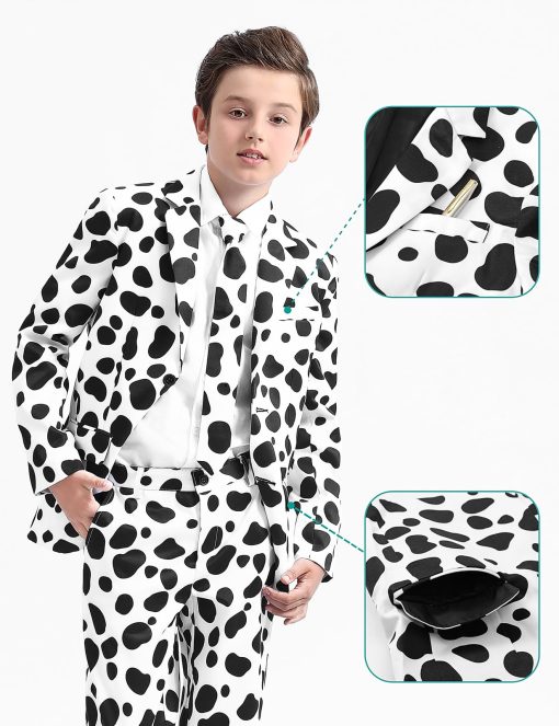 Traje de Lunares para Ninos A&J DESIGN Halloween Disfraz de Chaqueta Blazer Estampada de Animal Dalmata para Ninos Conjunto de Chaqueta, Pantalon y Corbata de perro manchado de Dalmatas 14 Anos - Imagen 3