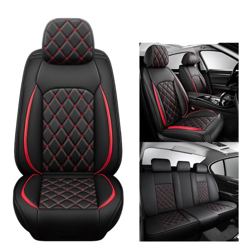 ANKIV Juego Completo para 5 Asientos Fundas de Asiento para Coche Universales Transpirables Impermeables Antideslizantes de Cuero para Sedan SUV Pickup Truck (Negro Rojo, Juego Completo 5 Asientos)