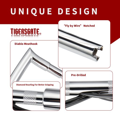 TIGERSGATE PRE-WIRED 12 pulgadas Meathook Monkey Bar Diablo Ape Hangers para Harley 14-22 Sportster XL 12-17 Dyna Softail (Cromo) - Imagen 5