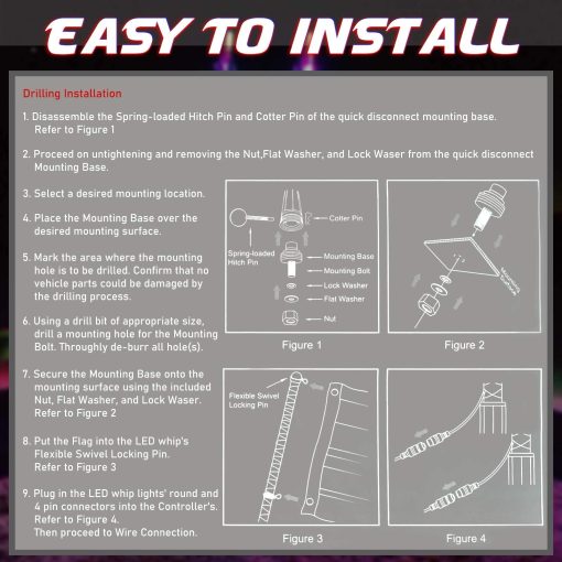 Luces de latigo LED de color de ensueño, señal de giro y freno y advertencia, control remoto, Antena de luz en espiral de baile de 360 grados, Paquete de 2PCS Luces de latigo LED RGB para UTV ATV RZR Fuera de carretera Camiones 4X4 Buggy Duna, 3FT - Imagen 7