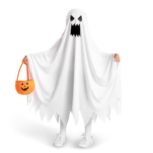 Disfraz de Fantasma para Ninos por Spooktacular Creations, Disfraz de Halloween de Fantasma, Disfraz de Fantasma Rasgado y Enojado Blanco con Bolsa de Calabaza para Ninos, Ninas Disfraz de Halloween, Juego de Rol