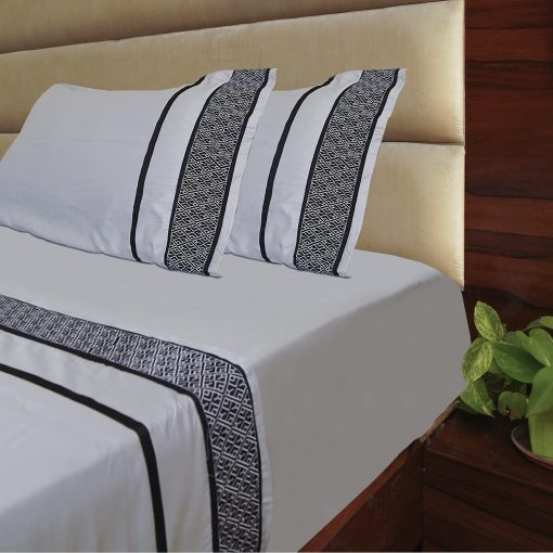 Juego de sabanas de lujo 100% algodon egipcio Queen - 1000 hilos - 4 piezas sabanas ajustadas y planas, ropa de cama de calidad de hotel con tejido saten - sabanas bordadas en negro y gris claro