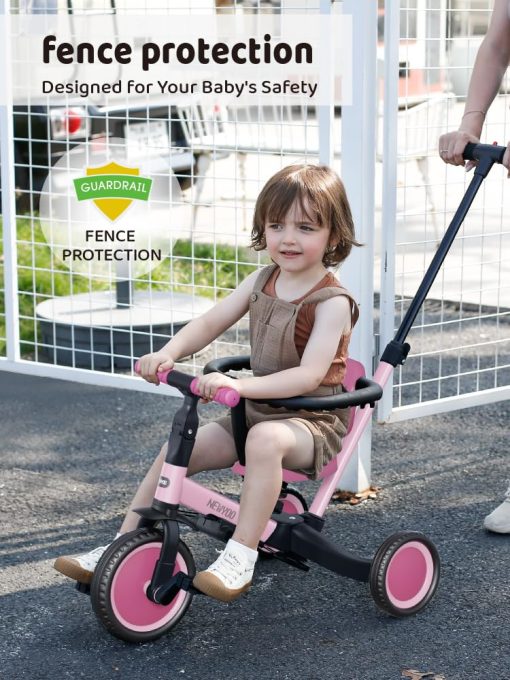 Triciclo para niños de 1 a 3 años, Bicicleta para niños, 5 en 1 Triciclo con Mango de Empuje, Regalo de Navidad y Cumpleaños y Juguete para Niñas, Convertible a Bicicleta de Equilibrio para Bebes, Rosa, TR008 - Imagen 2