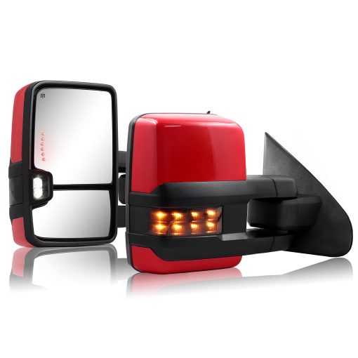 Espejo de remolque para Silverado Sierra - Compatible con 2014-2018 Chevy Silverado GMC Sierra 1500 2500 HD 3500 HD con vidrio calefactado ajustable por energia, luces de señal de giro y luz trasera (Pintado rojo)
