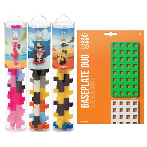 PLUS PLUS Big - Zoo Playset Bundle - 15 pc Penguin, Flamingo, Giraffe Tube & Baseplate Duo - Juguete de construccion STEM/STEAM, Bloques de rompecabezas grandes para ninos pequenos y preescolares