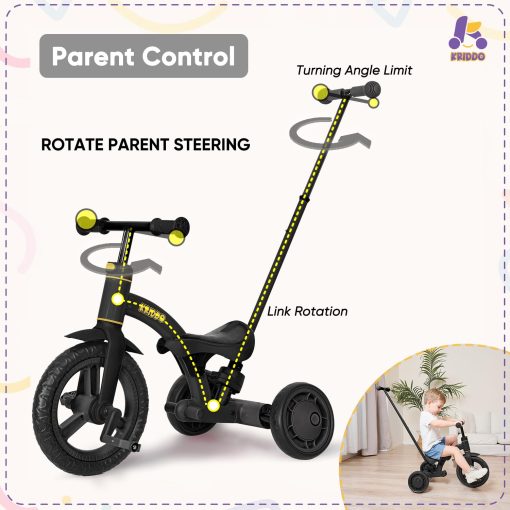 Triciclo para niños KRIDDO 4 en 1 para 1.5 a 3 años con manillar de empuje de direccion parental, rueda delantera de 12 pulgadas, bicicleta de equilibrio para niños y niñas de 18 meses a 3 años, altura ajustable, negro - Imagen 3