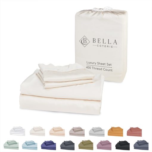 Juego de sabanas de lujo Bella Coterie para cama tamano completo | Viscosa de bambu cultivada organicamente | Ultra suave | Ideal para personas calurosas | Bolsillo profundo de 18" [Marfil]