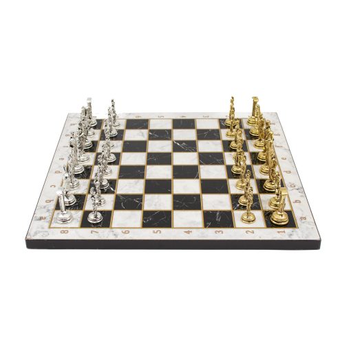 Juego de Ajedrez de Diseño de Marmol, Tablero de Ajedrez de Madera, Piezas de Ajedrez Roma de Metal, Juego de Ajedrez Clasico de Madera/Blanco, 30x30 cm