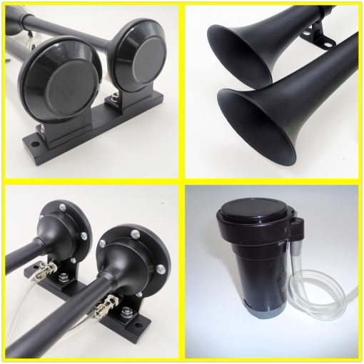 Viping Claxon de Aire Negro 165DB Trompeta de Barco Claxon Electrico 45cm Tono Alto y Bajo Claxon Doble Tubo de Zinc Cromado Compresor Super Fuerte Parlante de Coche Claxon para Barco Coche Yate RV de 12V, etc. - Imagen 2