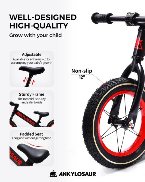 Bicicleta de Equilibrio ANKYLOSAUR 12" para Ninos de 2.5 a 5 Anos, Elegante Negro, Cuadro de Aluminio Ultraligero de 7.2lb, Neumaticos Inflables Antideslizantes y Absorbentes de Impacto, Asiento Ajustable - Perfecto para Ninos Aventureros - Imagen 2