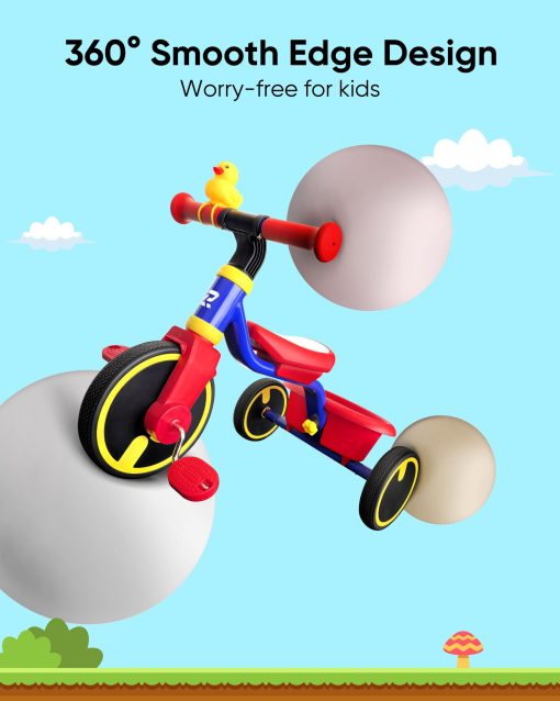 Triciclo RIDYEE para ninos de 1 a 3 anos, triciclo para ninos de 1 a 3 anos con llantas de goma, conduccion estable en cualquier superficie, triciclo para ninos con asiento ajustable, diseno de bordes no afilados, gran cesta, azul - Imagen 4
