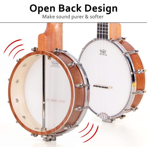 Banjolele, Banjolele de Viaje Sapele de 26 Pulgadas con 4 Cuerdas Lotmusic Remo Drumhead Open Back y Kit para Principiantes con Cuerda Extra Llave Allen Afinador Papel de Lija Regla y Bolsa - Imagen 2