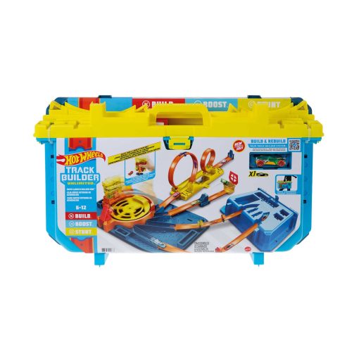 Hot Wheels Juego de Pista de Coches de Juguete, Set de Construccion Ilimitado Track Builder Rapid Launch Builder Box, Kit de Construccion y Acrobacias con Potenciador y Contenedor de Almacenamiento