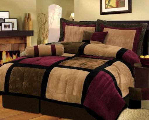 Juego de Edredon de 7 Piezas en Borgoña, Marron y Negro de Terciopelo Microsuede para Cama Queen con Cojines Decorativos