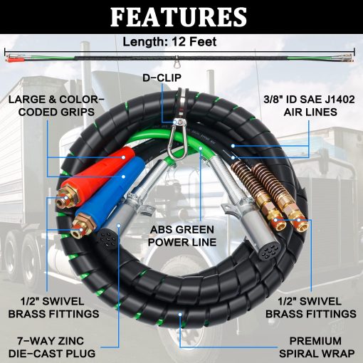YiaChuii 12ft 3 en 1 Manguera de Linea de Aire ABS y Potencia con Conexiones de Aire y 4 Sellos de Conexion para Tractor Remolque Camion Semi - Imagen 2