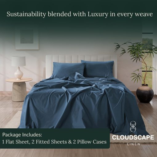 Juego de sabanas para cama ajustable Split King de CLOUDSCAPE LINEN 100% algodon egipcio - 5 piezas | Juego de sabanas Split King de algodon egipcio de 1000 hilos | Bolsillos profundos de hasta 18" - Denim Oscuro - Imagen 2