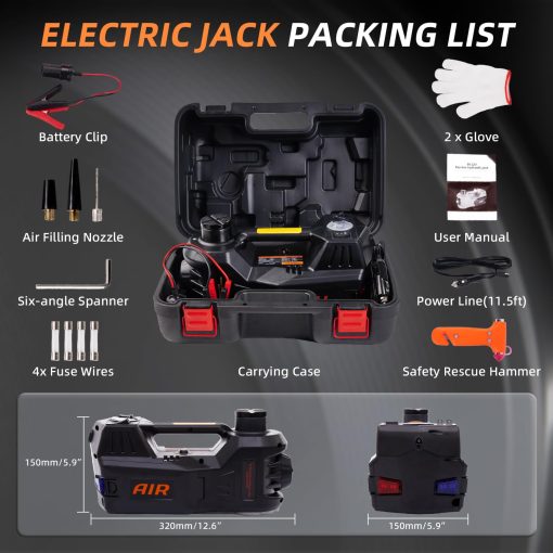 Gato Electrico STANDTALL con Bomba de Inflado de Neumaticos, Gato Hidraulico de 5 Toneladas 12V, Gato Electrico para Coches Negro con Luz LED para SUVs y Sedanes - Imagen 5