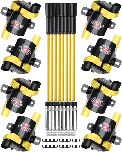 Bobina de Encendido Redonda SPARKWHIZ UF262 - Paquete de 8 con Juego de Cables de Bujia 748UU 8mm, Parcialmente Compatible con GMC Chevrolet Cadillac, Reemplazo de UF262 D585 12563293 C1251 19005218