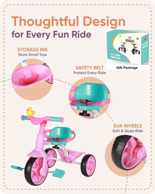 Triciclo 2 en 1 para Ninos KRIDDO de 18 Meses a 3 Anos, Ruedas de EVA Mejoradas, Regalo, Triciclos para Ninos de 2 a 3 Anos con Manillar de Empuje y Campana de Pato, Rosa - Imagen 5