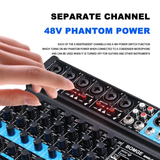 Mezclador de audio mini de 8 canales BOMGE con reproductor de MP3, Bluetooth, U disk, 48V, 24 efectos DSP, grabacion USB - Ideal para pequenos clubes o bares, grabacion de estudio (8 canales - NEGRO) - Imagen 7