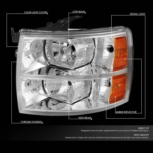 Faro delantero Cheda compatible con Chevy Silverado 1500 2007-2013 / Ajuste 07-14 Chevy Silverado 2500 3500 y Modelos HD (AWT Lente clara Carcasa cromada Indicador ambar, Estilo basico) - Imagen 2
