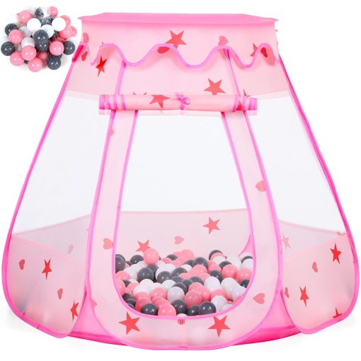 Tent Ball Pit para Bebes con 50 Bolas, Tienda de Juego Pop Up para Ninas, Juguetes de Princesas para Ninos Casa de Juegos Interior y Exterior con Bolsa de Transporte (Rosa: Rosa/Blanco/Gris, 109x90cm/50 Bolas)