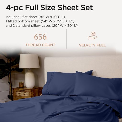 Juego de sabanas de tamano completo de lujo Threadmill | Sabanas de algodon Supima certificado de 656 hilos para colchon de tamano completo | Juego de sabanas de 4 piezas de calidad de hotel de 5 estrellas con bolsillo extra profundo | Sabanas azul Folkstone - Imagen 2