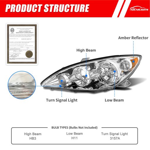 Conjunto de faros ADCARLIGHTS para Toyota Camry 2005-2006 compatible con 2005 2006 Carcasa Cromada con Reflector ambar Reemplazo del Faro Izquierdo y Derecho Par - Imagen 3