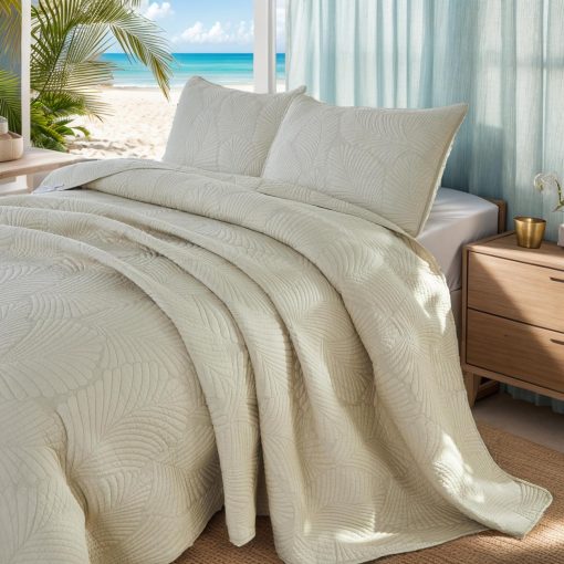Juego de edredon tamano King Brandream de algodon beige con palmeras, elegante juego de edredon ligero de 3 piezas - Imagen 2