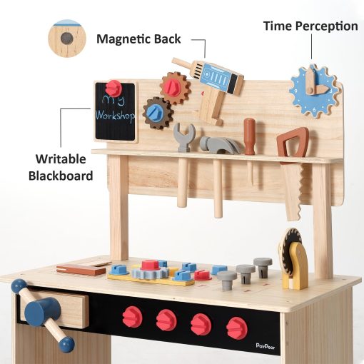 Banco de trabajo de madera para ninos PairPear, Banco de herramientas para ninos pequenos, Banco de trabajo de juguete de madera con caja de herramientas, taladros de juguete y martillo para jugar a la construccion, Regalo para ninos y ninas de 3 anos en adelante - Imagen 5