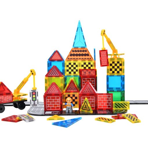 Set de Carreteras de Azulejos Magneticos - Juguetes de Construccion de Ciudad, Bloques Magneticos con Grua Magnetica Extensible y Coche, Juguetes para Ninos y Ninas de 3+, Regalos de Juegos Creativos para Ninos