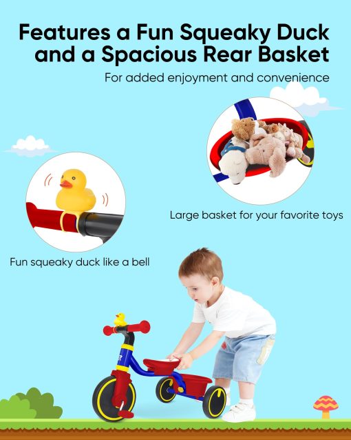 Triciclo RIDYEE para ninos de 1 a 3 anos, triciclo para ninos de 1 a 3 anos con llantas de goma, conduccion estable en cualquier superficie, triciclo para ninos con asiento ajustable, diseno de bordes no afilados, gran cesta, azul - Imagen 3