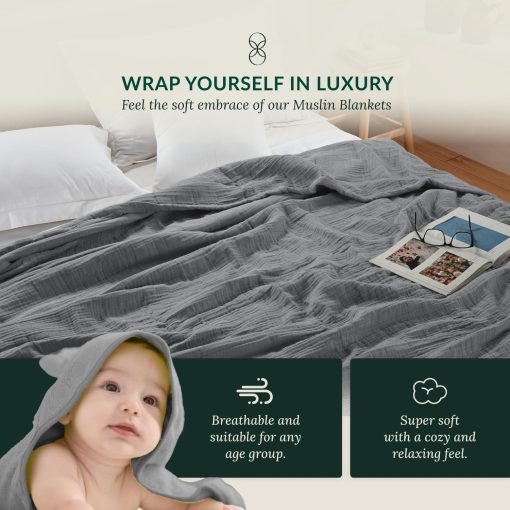 Manta de lino y algodon Cloud Scape tamano King para cama, suave y ligera, 8 capas de muselina, transpirable en todas las estaciones, manta de gauze - Sharkskin - Imagen 3