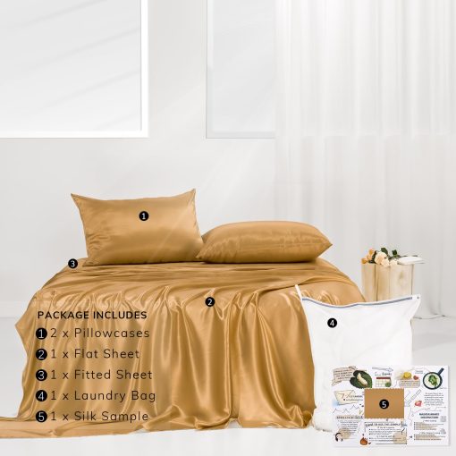 Juego de sabanas de seda 100% Promeed con 23 momme de seda de mora ajustable, sabana plana y funda de almohada, ideal para pieles sensibles (Oro, Twin / Twin XL) - Imagen 6