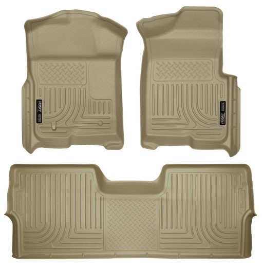 Tapetes para piso Husky Liners Weatherbeater | Compatible con Ford F-150 SuperCrew Cab sin palanca de cambios manual 2009 - 2014 (Cobertura para compartimento para pies) | Delanteros y traseros, 3 piezas Tan - 98333