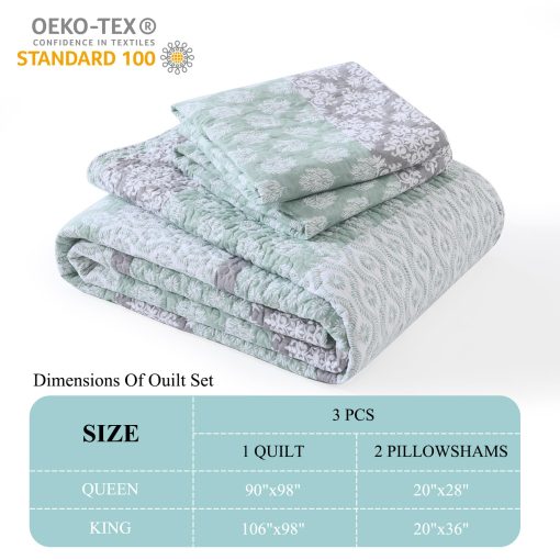 DDUOXIN Colchas Florales Tamaño Queen - 100% Algodon Reversible Colcha Queen con 2 Fundas de Almohada, Colchas Queen Livianas Juego de Cama, Verde/Gris, Queen - Imagen 3