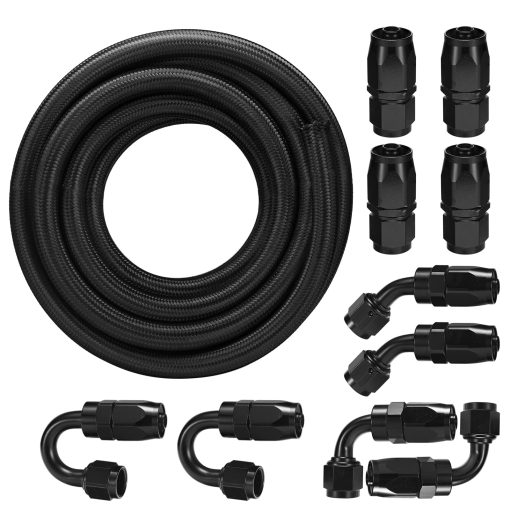 Kit de Manguera de Combustible SYKRSS 10AN 16FT, Manguera de Combustible Trenzada de Nailon y Acero Inoxidable, Manguera de Aceite/Gas/Combustible con 10 Adaptadores Giratorios para Manguera de Combustible - Negro