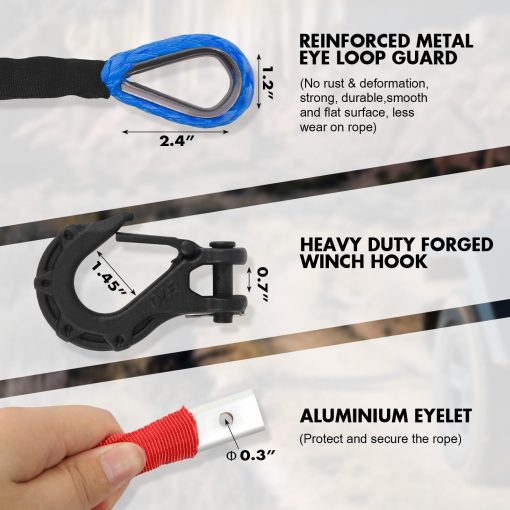 Cuerda de Malacate Sintetica ZESUPER 3/8" x 100ft Dyneema 12 Strand Cable de Malacate de Remolque de Coche Kit de Recuperacion todoterreno Linea de Malacate de reemplazo 26,500 lbs para Vehiculo 4WD Todo Terreno Camion SUV Jeep - Imagen 2